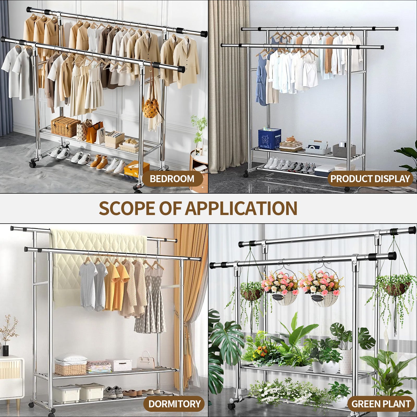 Clothes Rack Heavy Duty, Rolling Clothing Rack for Hanging Clothes, Double Rail Garment Rack, Adjustable Clothes Organizer on Wheels