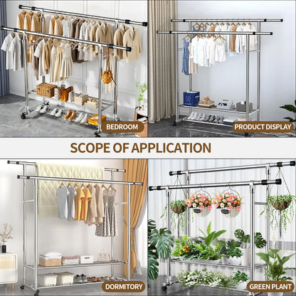 Clothes Rack Heavy Duty, Rolling Clothing Rack for Hanging Clothes, Double Rail Garment Rack, Adjustable Clothes Organizer on Wheels