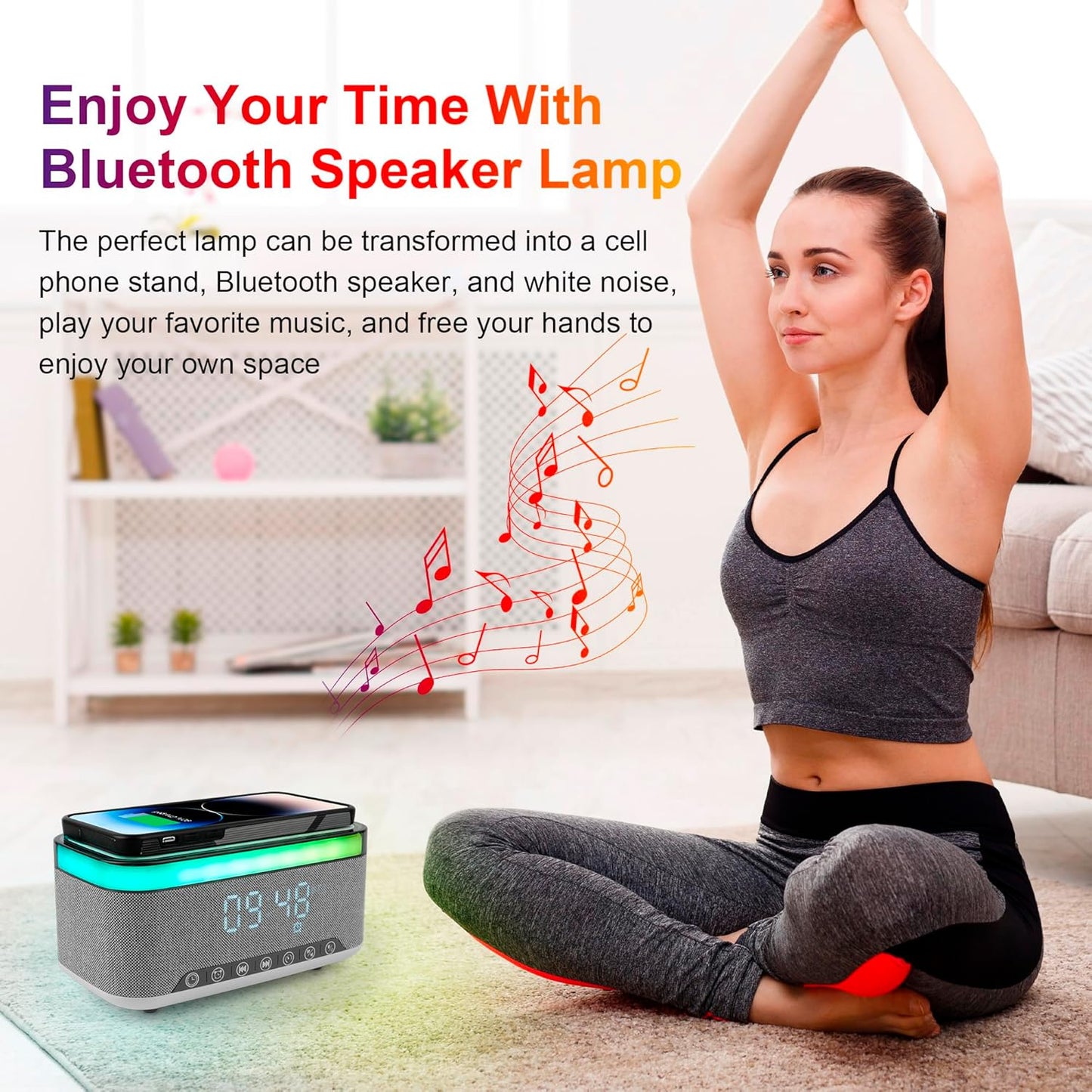 4-in-1 Wireless Charger, 15W Fast Desk Wireless Charging Station for iPhone 17-12 Pro Max Plus with Bluetooth Stereo Speaker,Digital Clock Alarm,Colors Night Lamp for iPhone