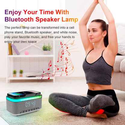 4-in-1 Wireless Charger, 15W Fast Desk Wireless Charging Station for iPhone 17-12 Pro Max Plus with Bluetooth Stereo Speaker,Digital Clock Alarm,Colors Night Lamp for iPhone