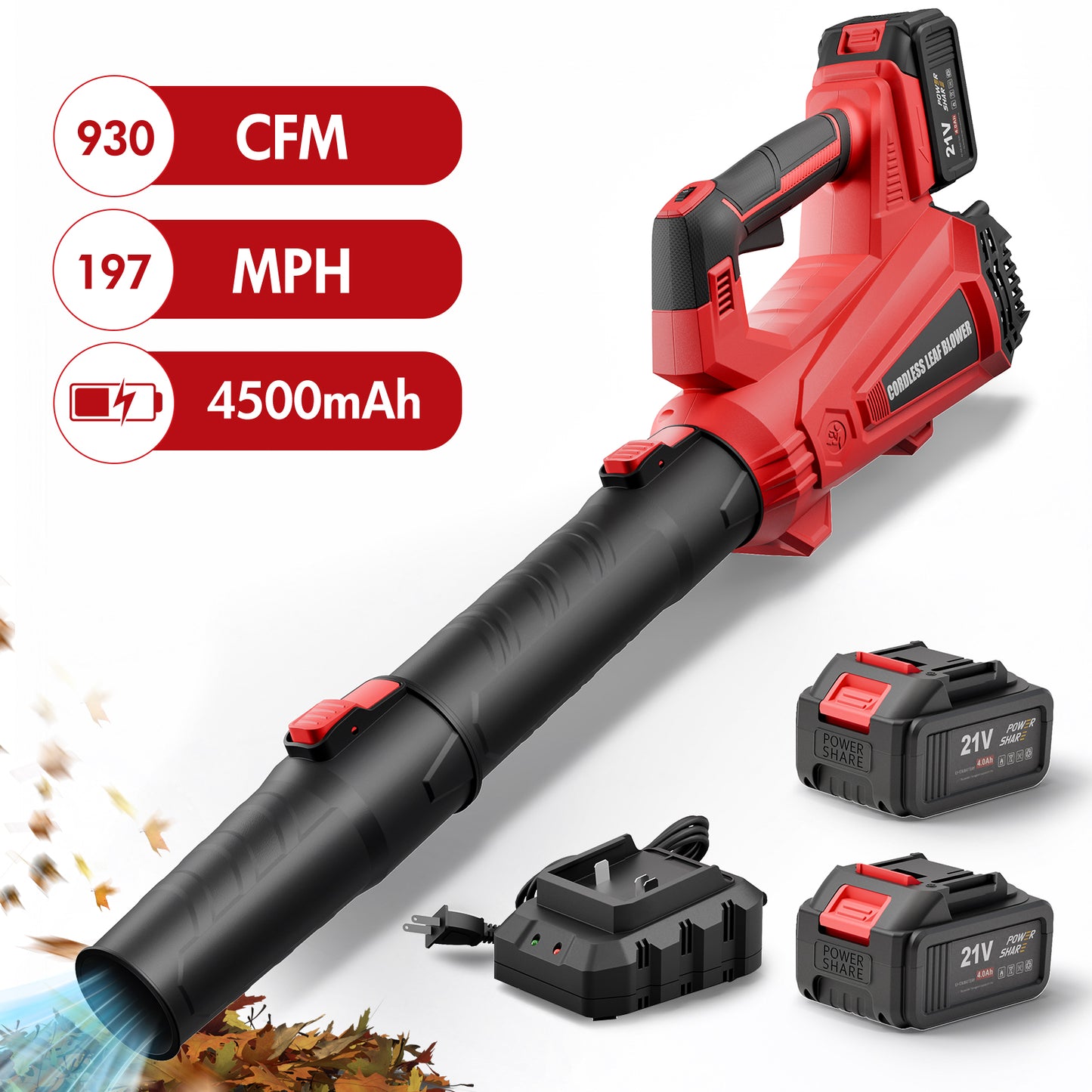 930CFM Leaf Blower Cordless, 21V 4.5AH Powerful Electric Cordless Leaf Blower, 6 Speeds Battery Powered Leaf Blowers for Lawn Care, Patio, Yard, Dust, Snow