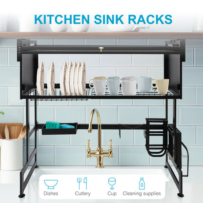 Dish Drying Rack, Large Stainless Steel Over The Sink 2 Tier Dish Rack with Cover for Kitchen (Black, Large 33.5" Length)