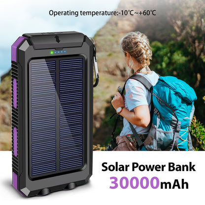 BAOKALER 30000mAh Solar Charger for Cell Phone iPhone, Portable Solar Power Bank with Dual 5V USB Ports, 2 Led Light Flashlight, Compass Battery Pack for Outdoor Camping Hiking(Purple)