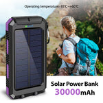 Lade das Bild in den Galerie-Viewer, BAOKALER 30000mAh Solar Charger for Cell Phone iPhone, Portable Solar Power Bank with Dual 5V USB Ports, 2 Led Light Flashlight, Compass Battery Pack for Outdoor Camping Hiking(Purple)
