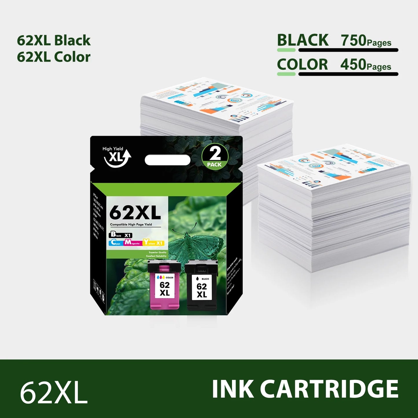62XL Ink Cartridge Compatible for HP 62 Black Ink Cartridge HP Ink 62 for Envy 5660 7645 7640 5740 OfficeJet 250 Printer Ink 62 Combo Pack