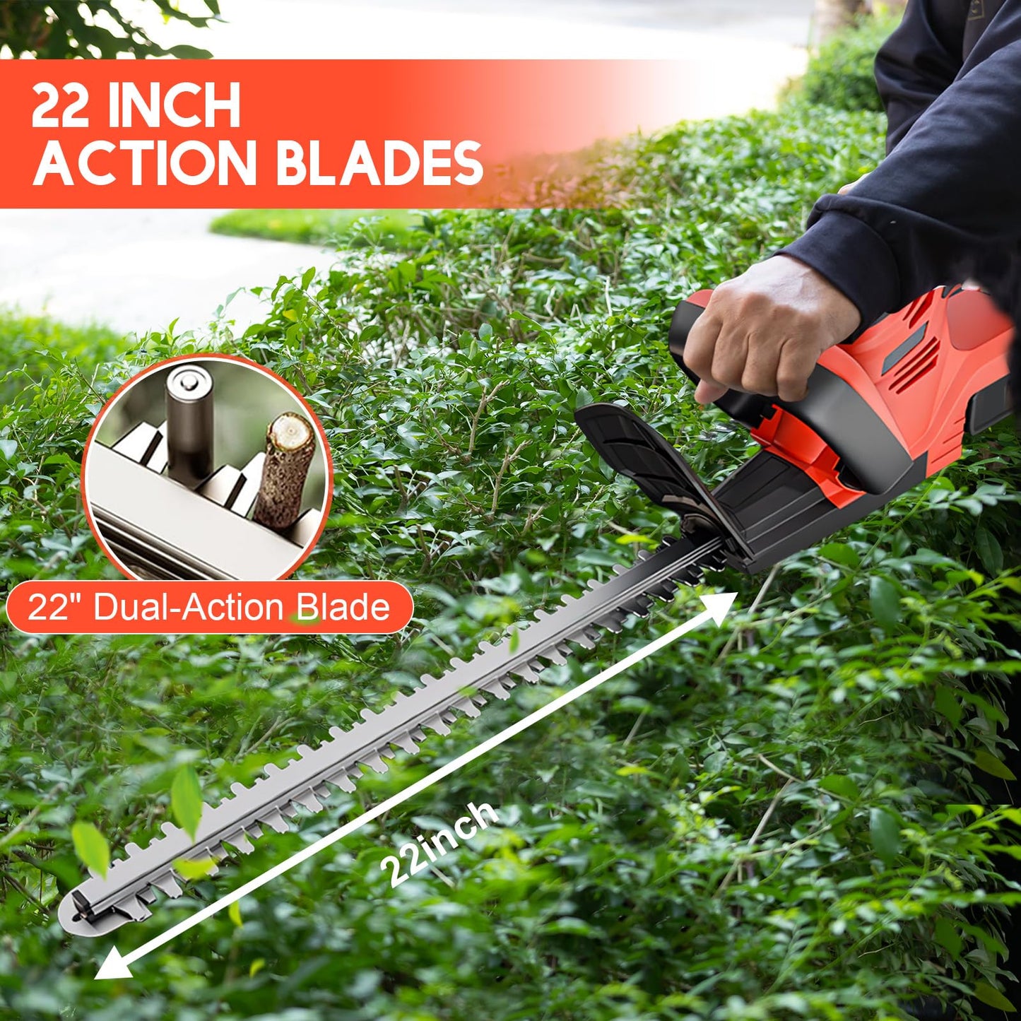 22 inch Cordless Hedge Trimmer with 2pcs 3.0Ah Batteries, Electric Hedge Trimmer for Cutting and Trimming Bushes and Shrubs