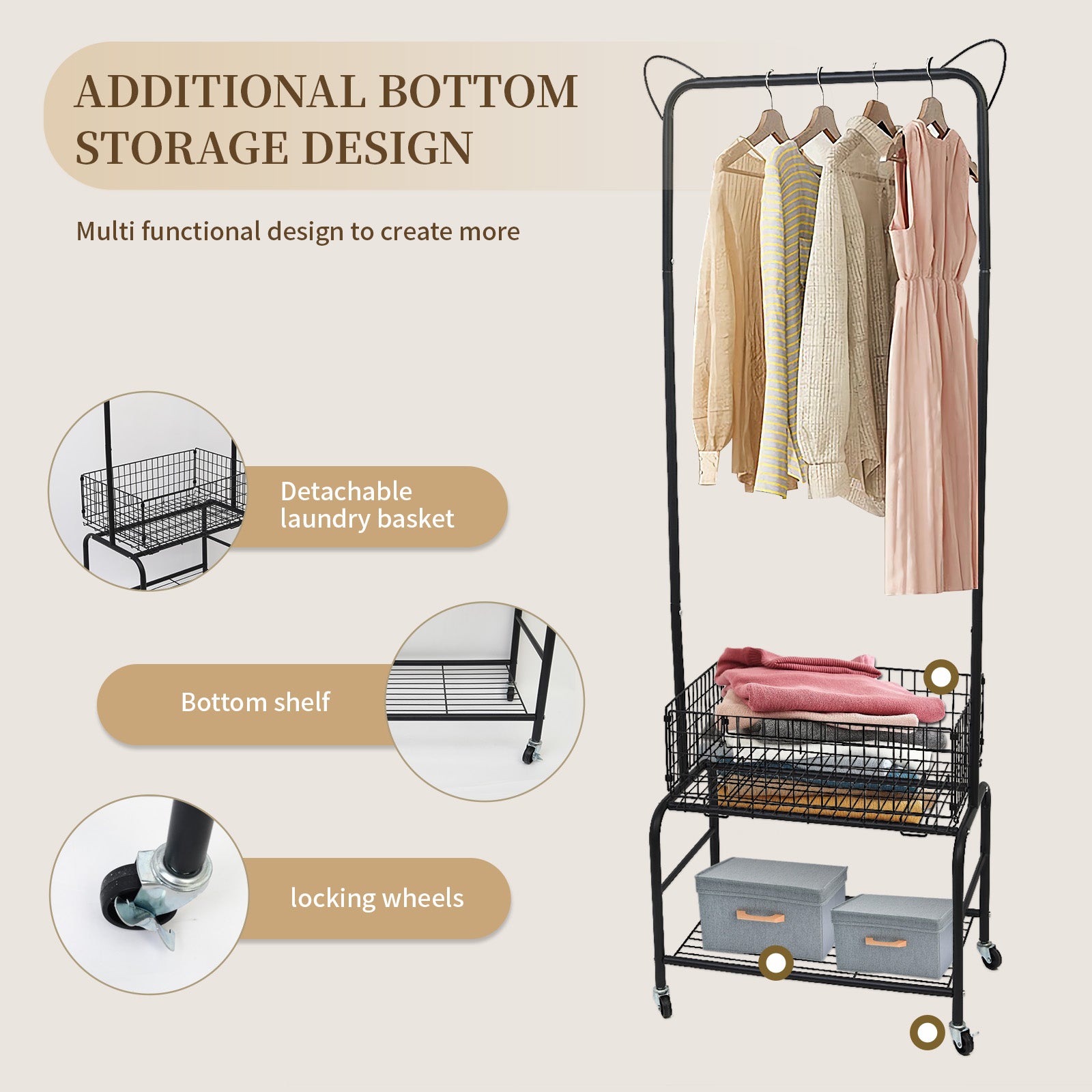 Rolling Laundry Butler with Wire Storage Rack, Rectangular Laundry Hamper Basket Butler Cart with Wheels and Hanging Rack, Black