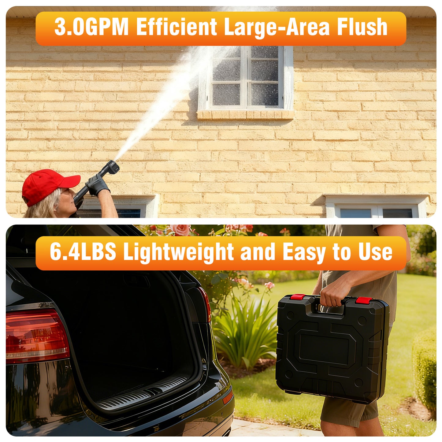 900PSI Cordless Pressure Washer, 3.0GPM Portable Power Washer with 6-in-1 Adjustable Nozzle, Power Cleaner with 16.4ft Hose for Cars/Patios, 2 Battery, Charger Included