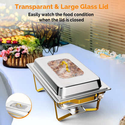 IAMSTECH Chafing Dish Buffet Set 4Pack, 9QT Rectangular Stainless Steel Chafer and Buffet Warmer Sets for Hotel Catering, Parties, Weddings(Gold)