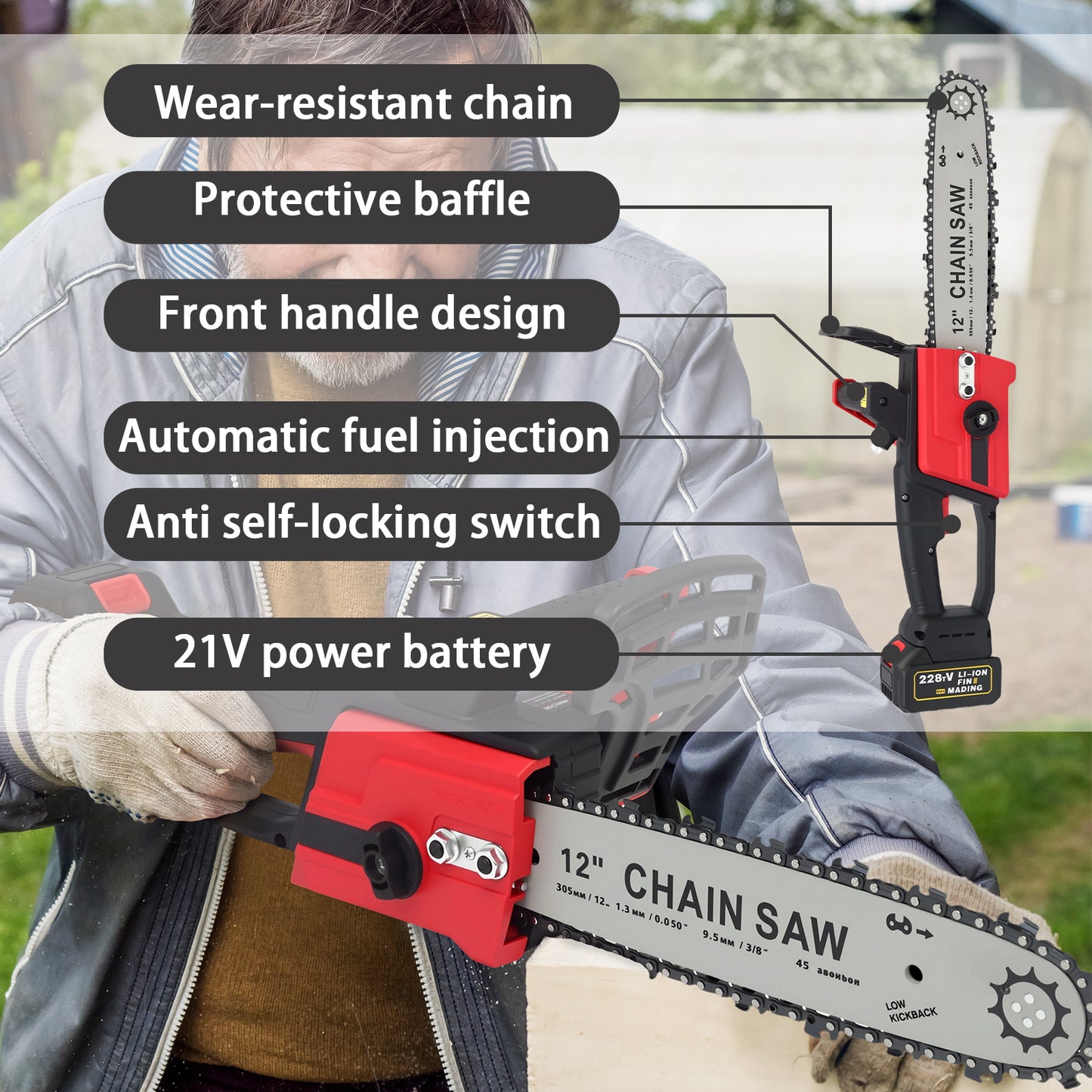 12 inch Cordless Chainsaw with 21V 3.0Ah Battery and Charger, Electric Handheld Chainsaw for Tree Trimming, Wood Cutting, Outdoor Yard Work, 800W