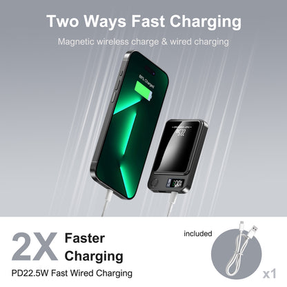 10000mAh Magnetic Mini Power Bank, Magnetic Portable Charger, 20W Fast Wireless Charging, with LED Display, Compatible with iPhones, Black