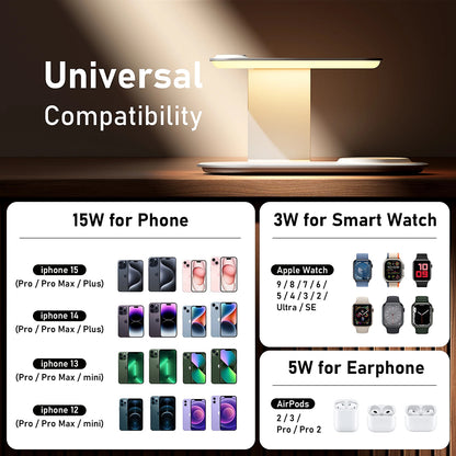 Wireless Charger for iPhone 17, 4 in 1 Charging Station for MagSafe Charger with Night Light,15W Max Fast Charging for iPhone 17/16/15/14/13/,Apple Watch Series 2-11/SE 3/Ultra 3,AirPods