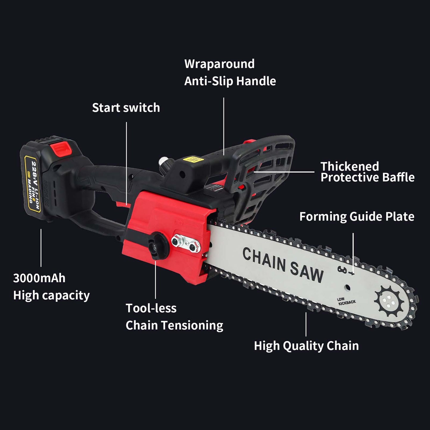 12 inch Cordless Chainsaw with 21V 3.0Ah Battery and Charger, Electric Handheld Chainsaw for Tree Trimming, Wood Cutting, Outdoor Yard Work, 800W