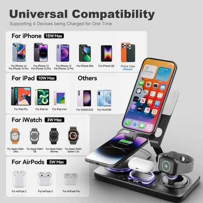 Wireless Charger for iPhone,4 in 1 Charging Station for Multiple Devices Apple,Fast Charging Dock Compatible for iPhone 17 16e 16 15 14 13 12 Pro Max iWatch Samsung Tablets iPad