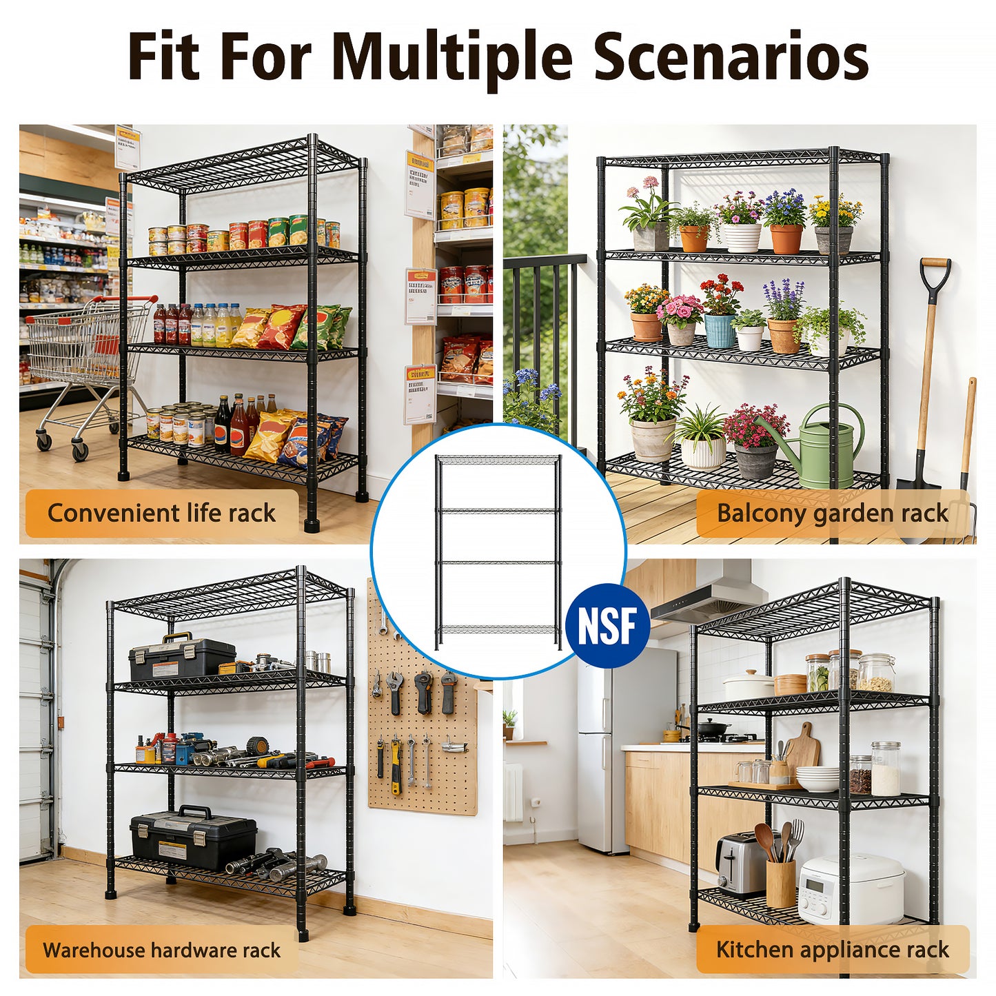 Storage Shelves, 4 Tier 43.3"×17.7"×63" Metal Shelves for Kitchen, Adjustable Heavy Duty Steel Wire Rack Storage Shelving Organizer, Black