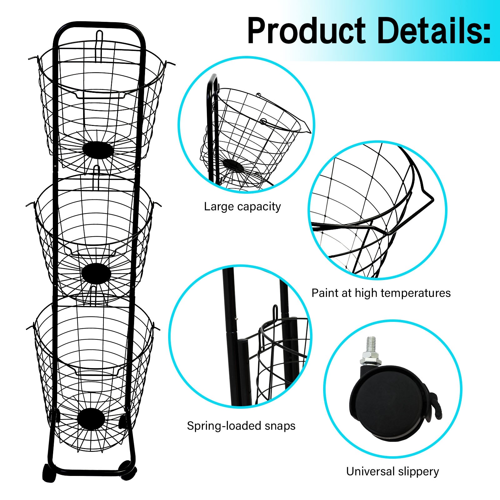 Amstech Removable 3 Tier Laundry Basket, Large Capacity Wire Basket Laundry Hamper with Wheels, for Bathroom Bedroom Laundry Room, Black