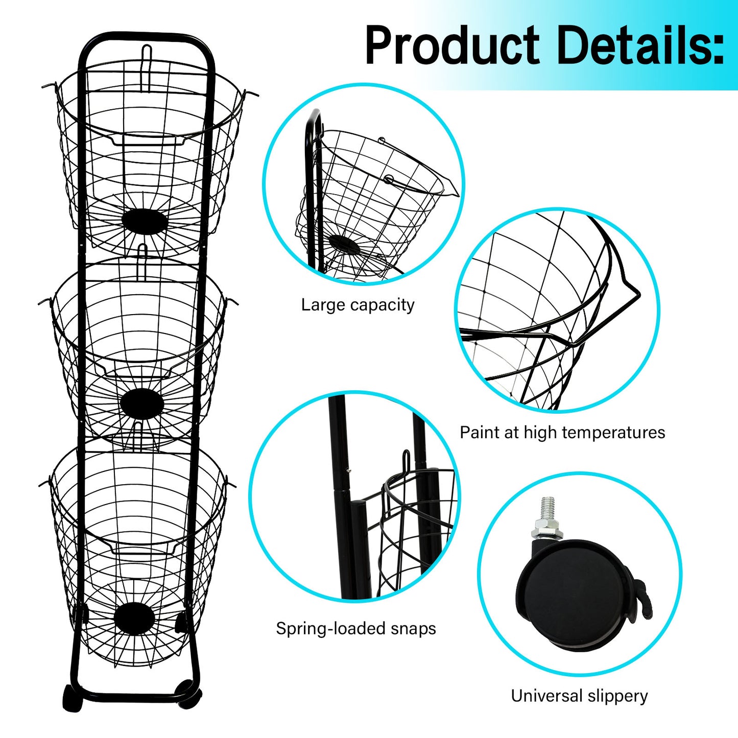 Amstech Removable 3 Tier Laundry Basket, Large Capacity Wire Basket Laundry Hamper with Wheels, for Bathroom Bedroom Laundry Room, Black