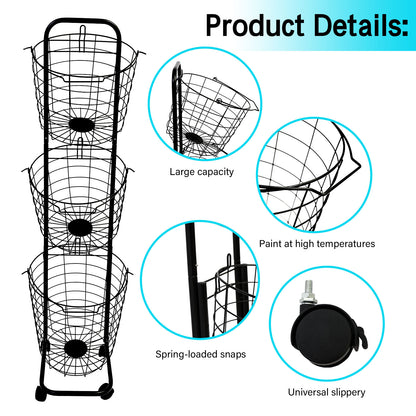 Amstech Removable 3 Tier Laundry Basket, Large Capacity Wire Basket Laundry Hamper with Wheels, for Bathroom Bedroom Laundry Room, Black