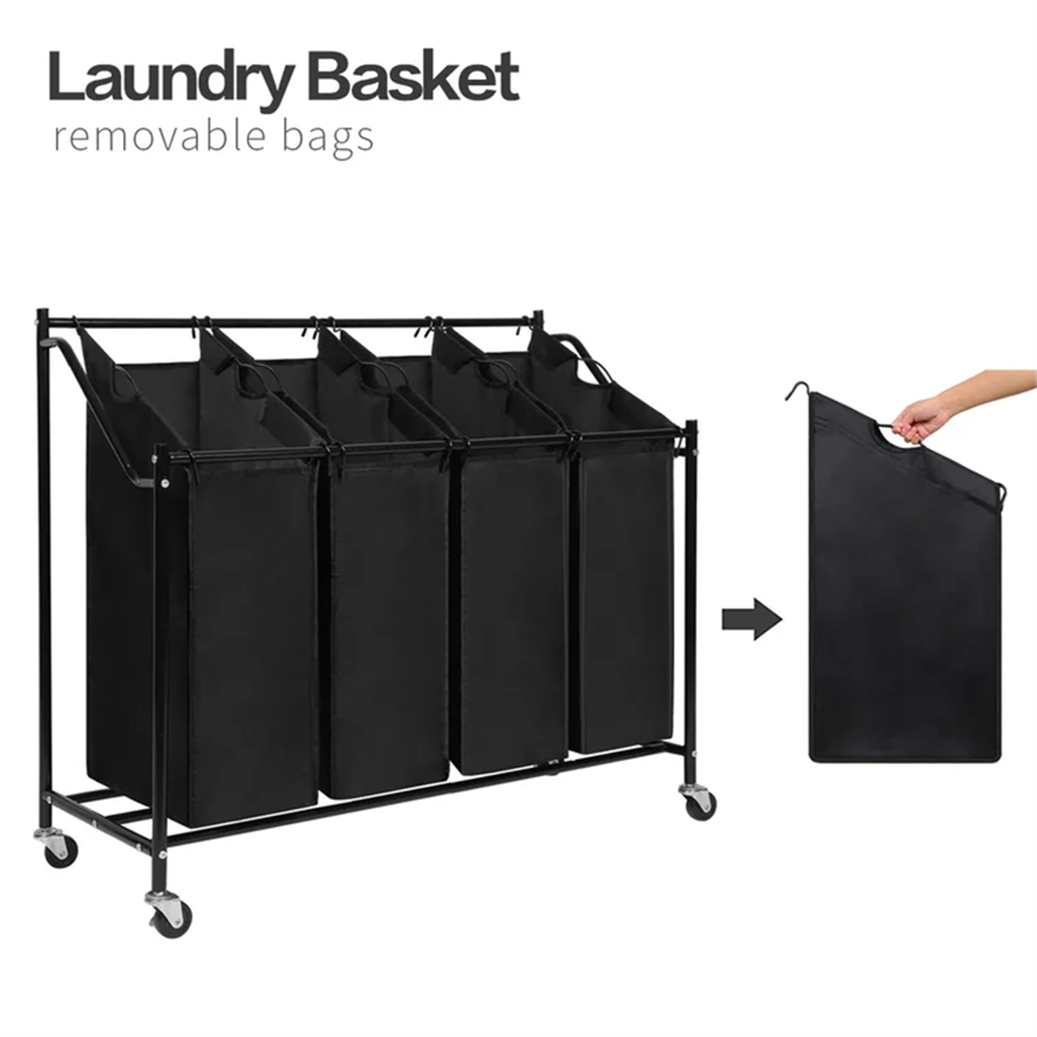Amstech Laundry Hamper Sorter 4 Section, Laundry Sorter Cart with 4 Removable Bags and Rolling Wheels, Black