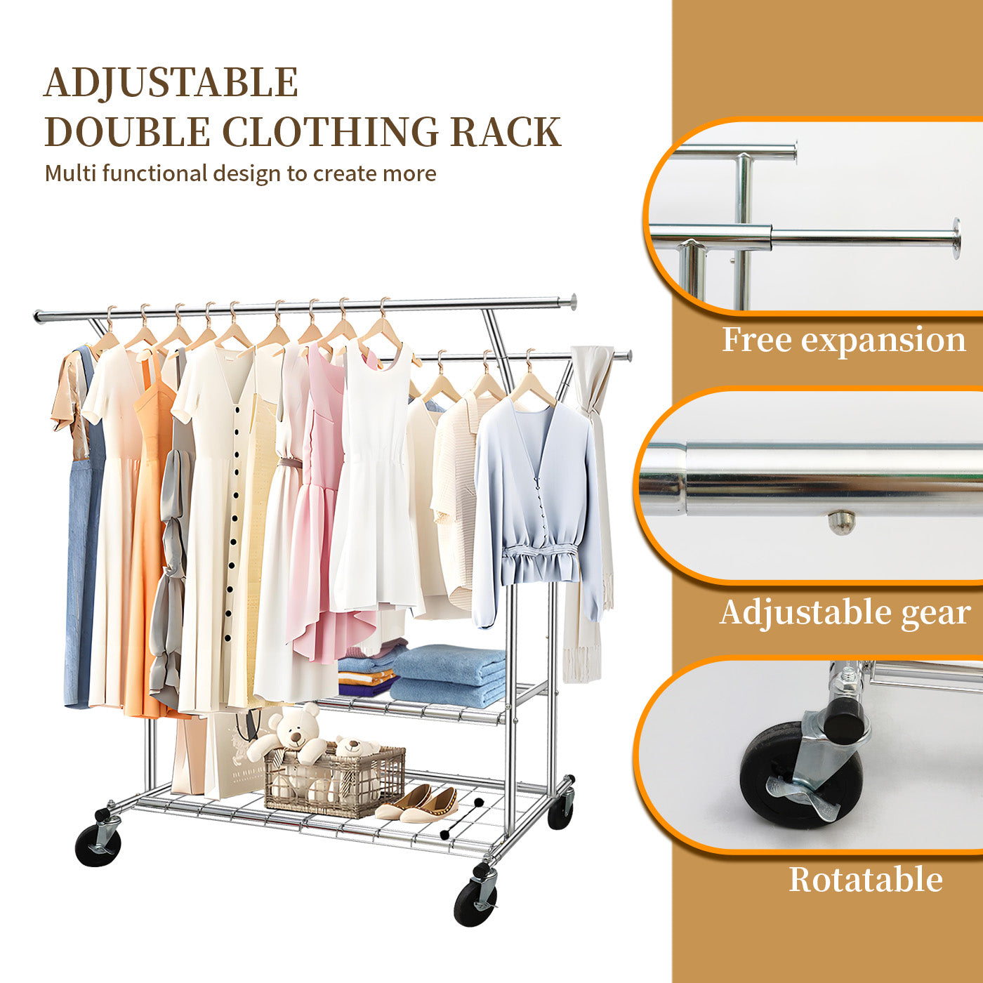 Clothes Rack Heavy Duty 620LBS Weight Capacity, Rolling Clothing Rack with Shelves, Double Rod Hanging Rack, Portable & Adjustable Garment Rack with Wheels