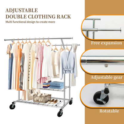 Clothes Rack Heavy Duty 620LBS Weight Capacity, Rolling Clothing Rack with Shelves, Double Rod Hanging Rack, Portable & Adjustable Garment Rack with Wheels