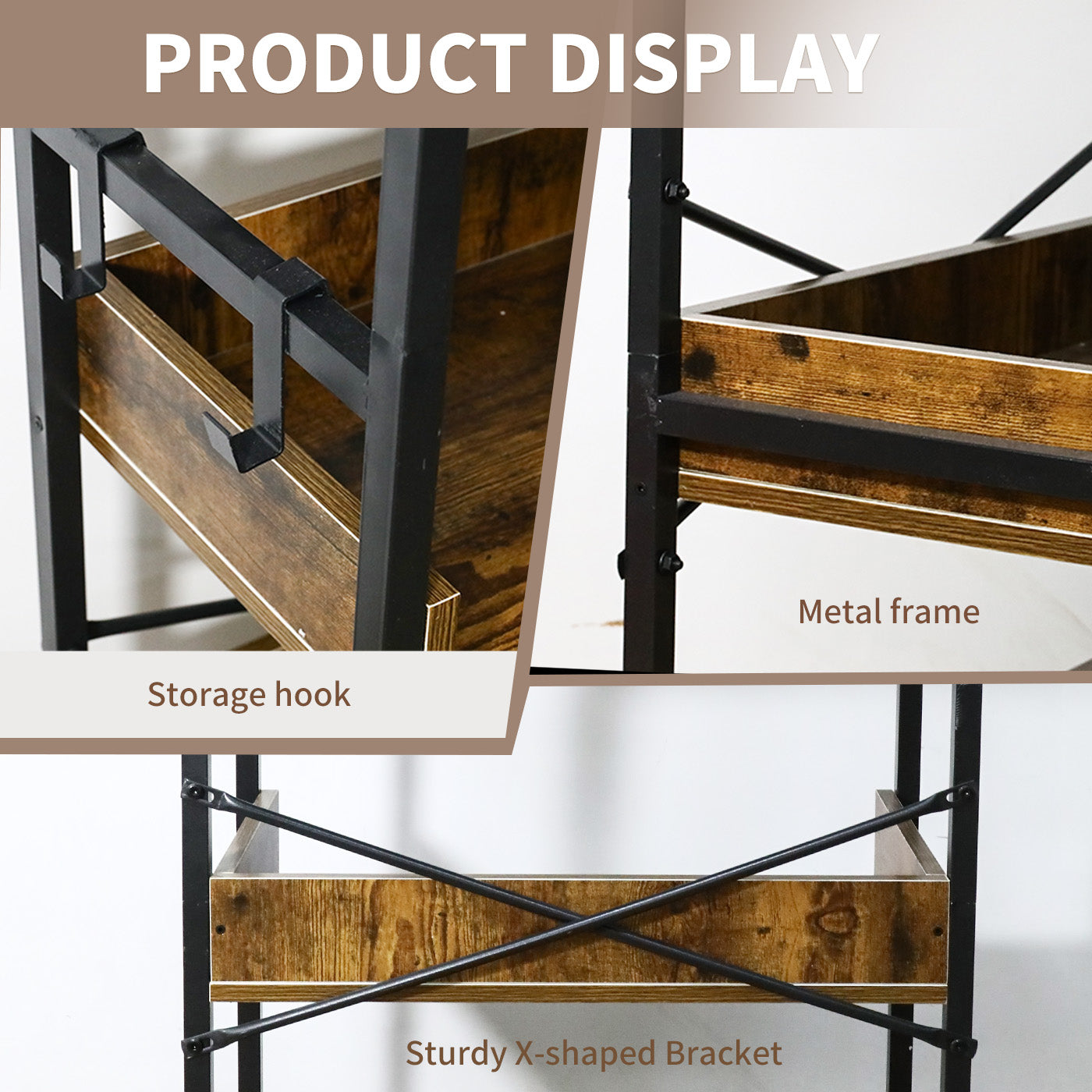Amstech Bookshelf 6 Tier with 4 Hooks, Metal Framed Free-Standing Storage Shelf for Living Room and Home Office, Vintage