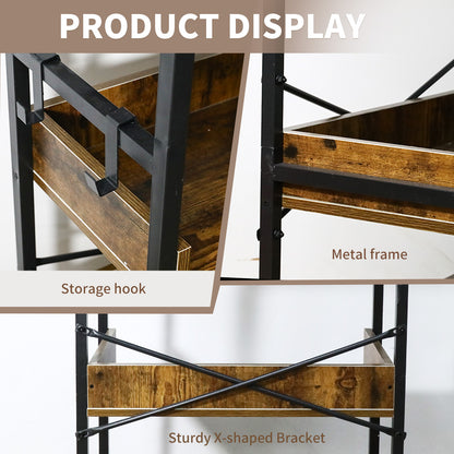Amstech Bookshelf 6 Tier with 4 Hooks, Metal Framed Free-Standing Storage Shelf for Living Room and Home Office, Vintage