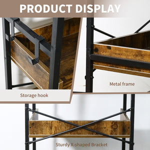 Amstech Bookshelf 6 Tier with 4 Hooks, Metal Framed Free-Standing Storage Shelf for Living Room and Home Office, Vintage
