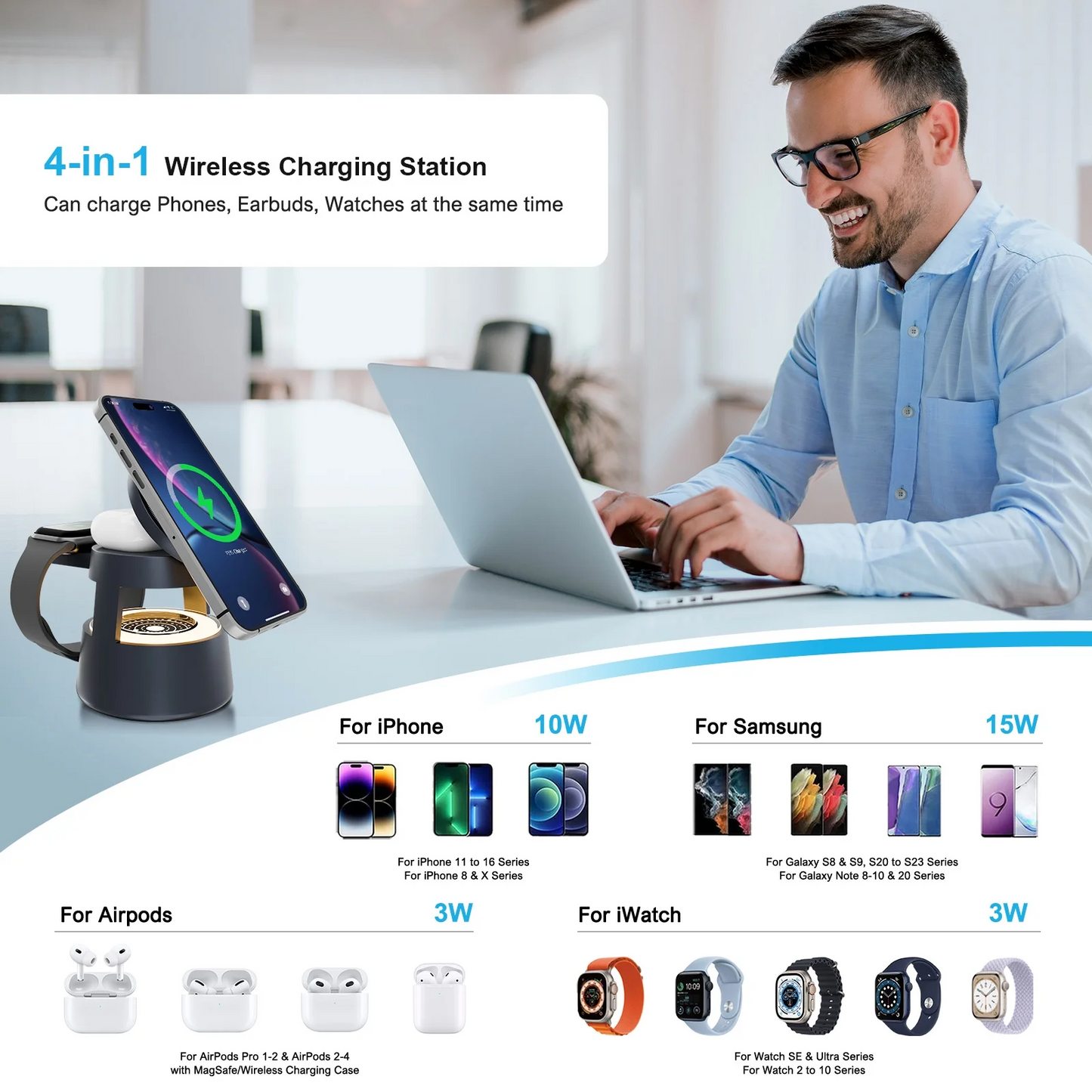Wireless Charger for iPhone 17, 4 in 1 Charging Station Fast Charger Stand 15W with Mushroom Light for iPhone 17 16 15 14 13 12 Pro Max,Apple Watch Ultra and AirPods Series