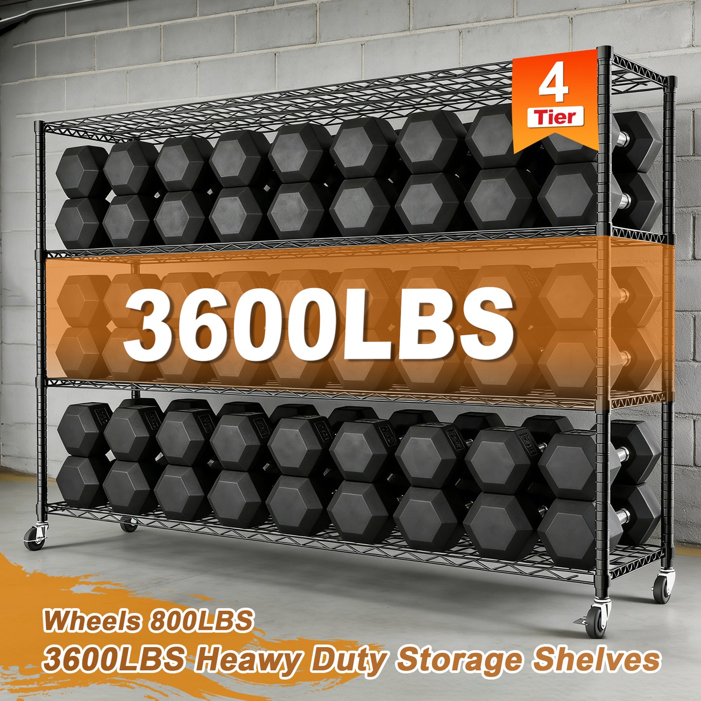 Storage Shelves Metal Shelving Unit with Wheels, 4 Tier Shelving Heavy Duty Wire Shelves for Garage, 59"×24"×75.6", Black