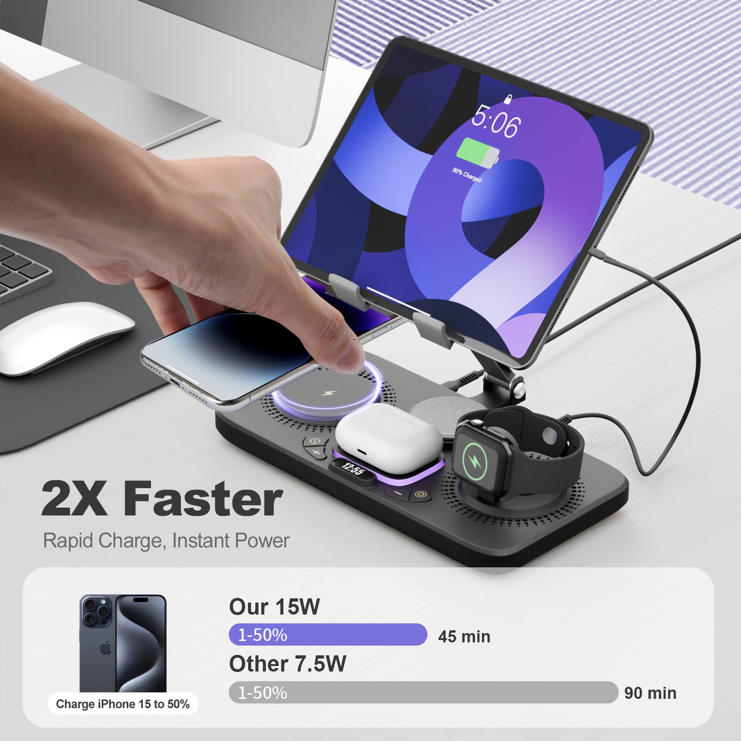 Wireless Charger for iPhone,4 in 1 Charging Station for Multiple Devices Apple,Fast Charging Dock Compatible for iPhone 17 16e 16 15 14 13 12 Pro Max iWatch Samsung Tablets iPad