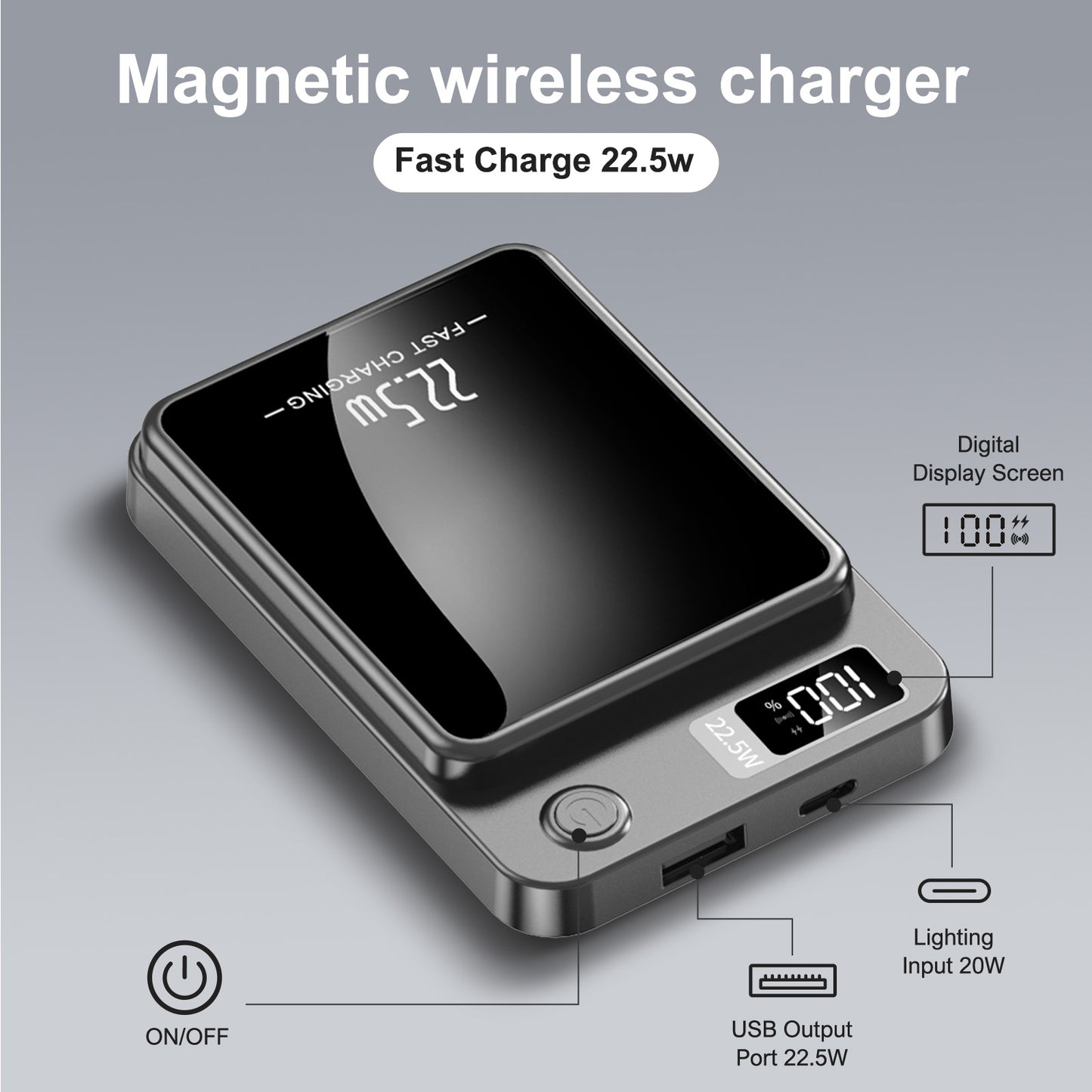 10000mAh Magnetic Mini Power Bank, Magnetic Portable Charger, 20W Fast Wireless Charging, with LED Display, Compatible with iPhones, Black