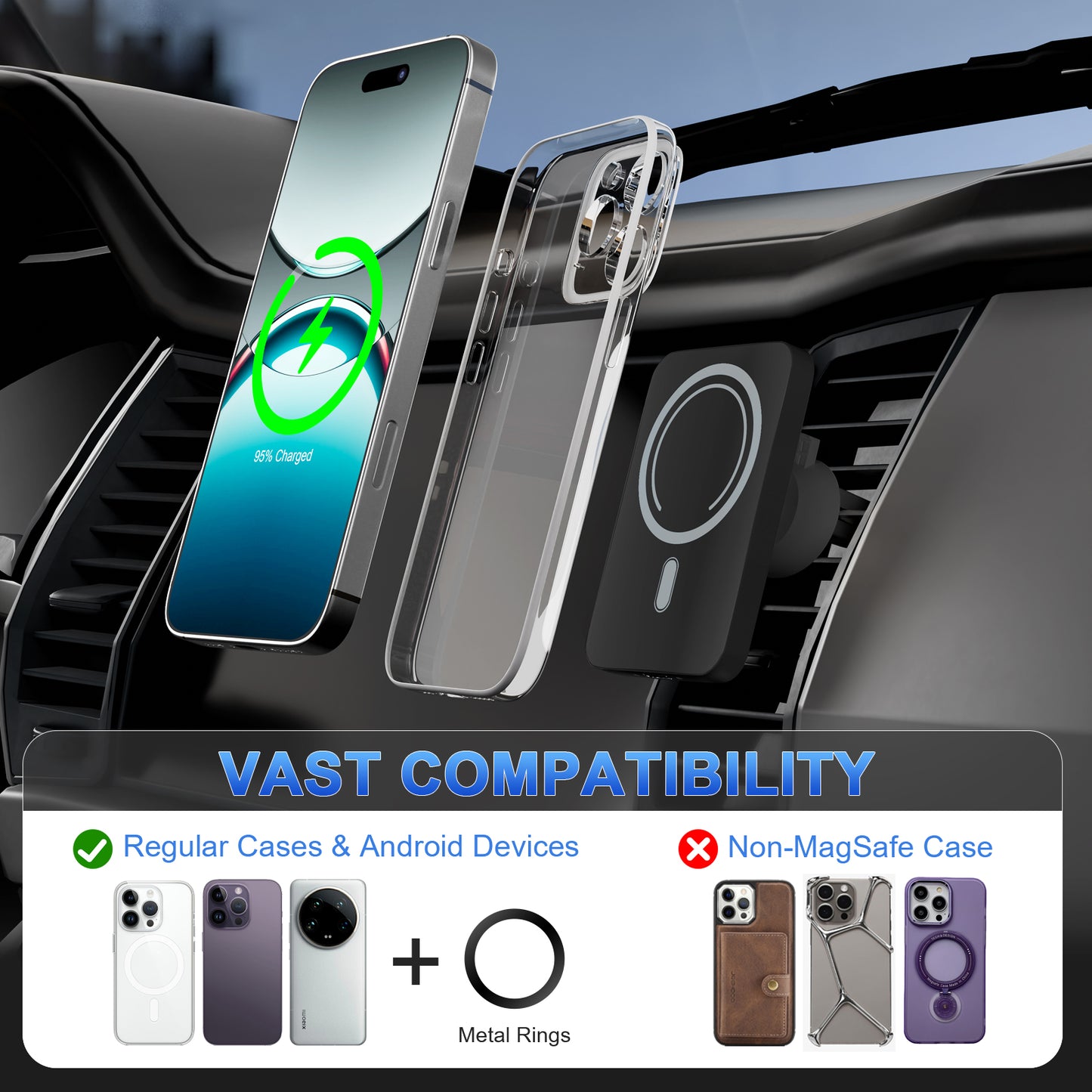 Wireless Car Charger,15W Fast Charging Car Mounts, 360¡ãAdjustable Magnetic Car Phone Charger for iPhone 17/16/15/14/13/12 Series Air Vent Phone Holder