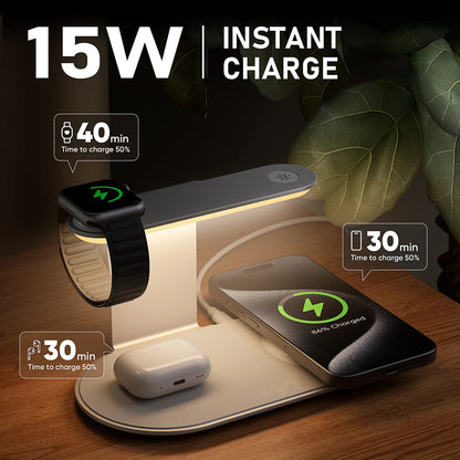 Wireless Charger for iPhone 17, 4 in 1 Charging Station for MagSafe Charger with Night Light,15W Max Fast Charging for iPhone 17/16/15/14/13/,Apple Watch Series 2-11/SE 3/Ultra 3,AirPods