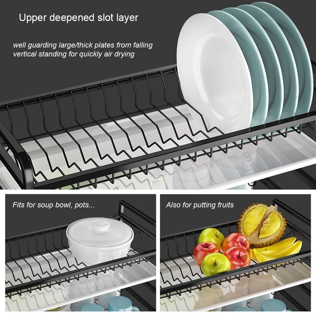 3 Tier Dish Rack for Kitchen, Rustproof Dish Drying Rack with Drain Trays, Stainless Steel Dish Drainer, Multifunctional Drying Rack for Dishes with Knife Holder Cutting Board Holder, Black