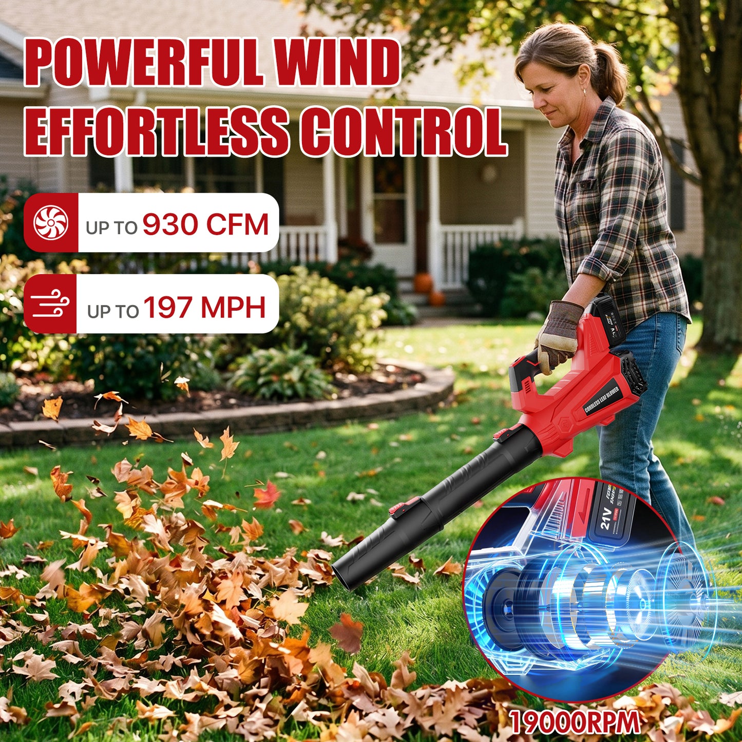 930CFM Leaf Blower Cordless, 21V 4.5AH Powerful Electric Cordless Leaf Blower, 6 Speeds Battery Powered Leaf Blowers for Lawn Care, Patio, Yard, Dust, Snow