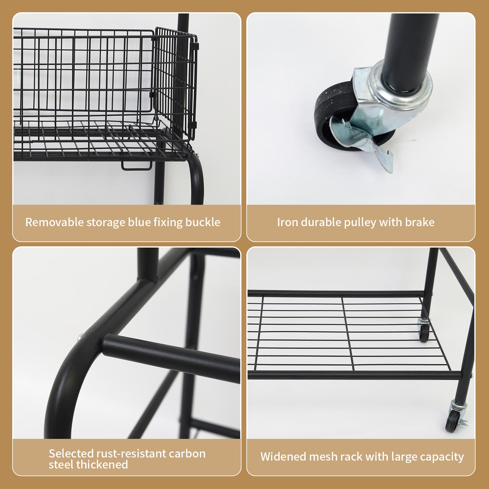 Rolling Laundry Butler with Wire Storage Rack, Rectangular Laundry Hamper Basket Butler Cart with Wheels and Hanging Rack, Black