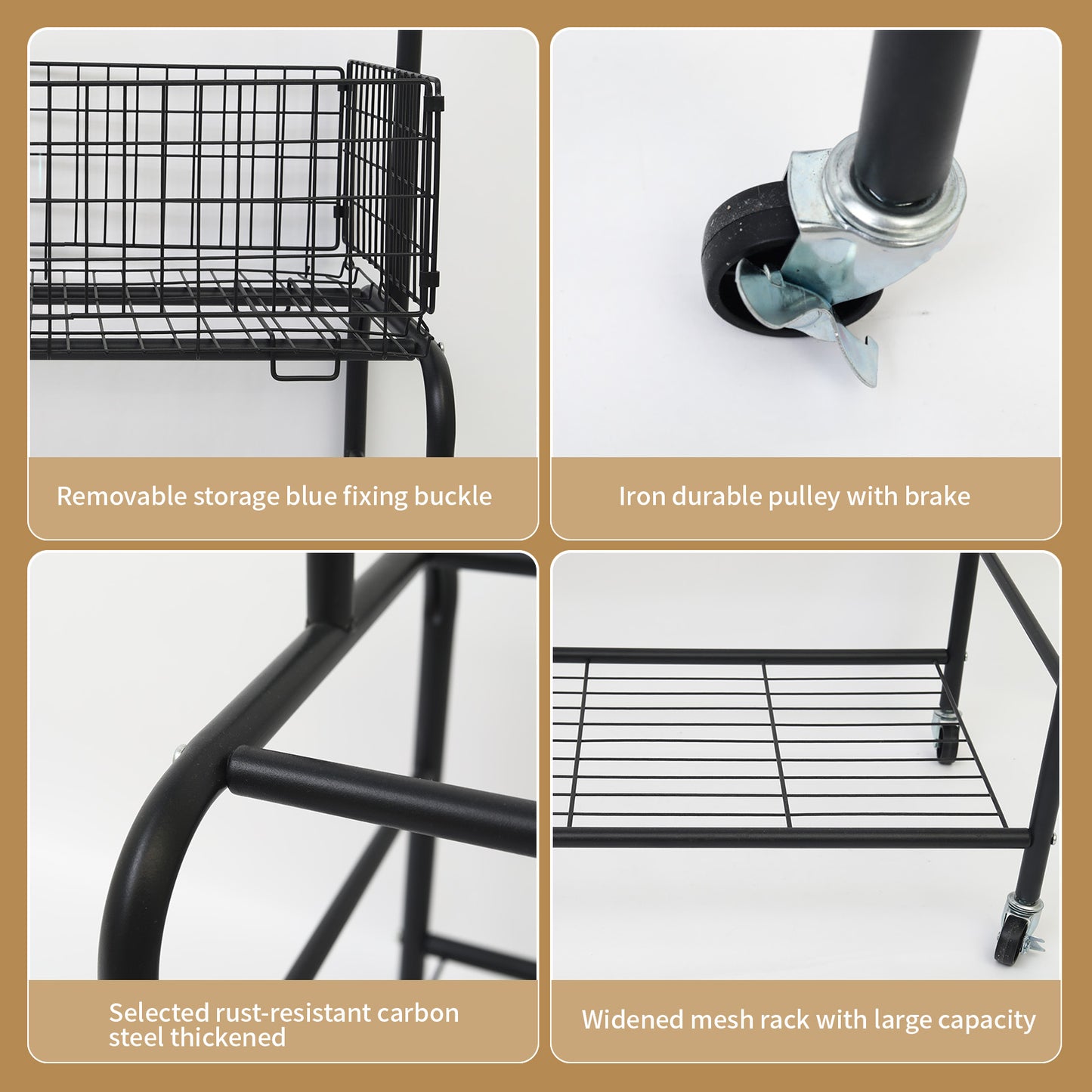 Rolling Laundry Butler with Wire Storage Rack, Rectangular Laundry Hamper Basket Butler Cart with Wheels and Hanging Rack, Black