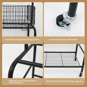 Rolling Laundry Butler with Wire Storage Rack, Rectangular Laundry Hamper Basket Butler Cart with Wheels and Hanging Rack, Black