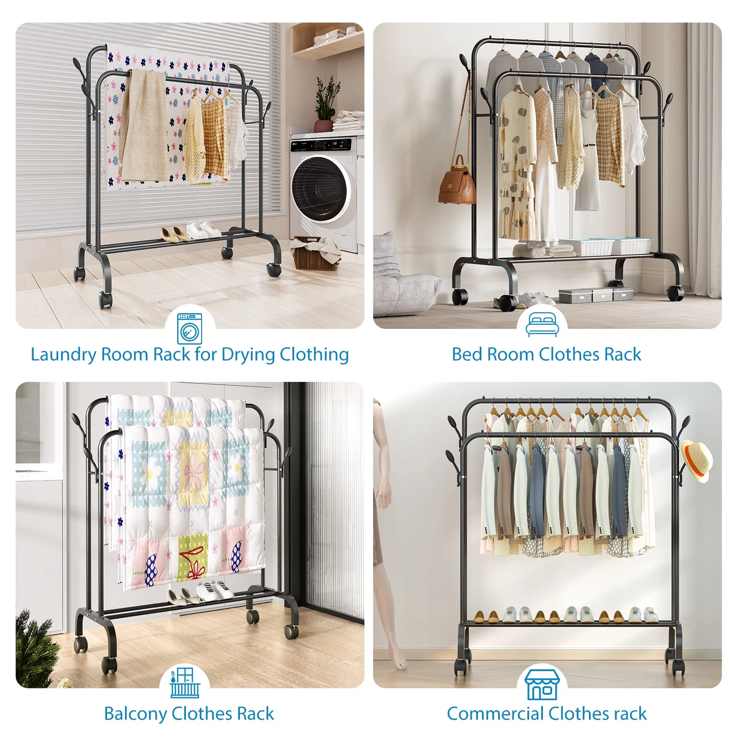 Clothes-Rack-for-Hanging-Clothes,-Double-Rods-Clothes-Rack-with-Wheels,-Multi-functional-Clothing-Rack-for-Bedroom,-4-Hooks