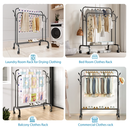 Clothes-Rack-for-Hanging-Clothes,-Double-Rods-Clothes-Rack-with-Wheels,-Multi-functional-Clothing-Rack-for-Bedroom,-4-Hooks