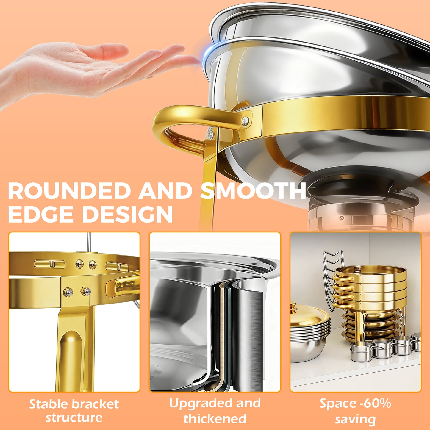 Round Half-Gold Plated Stainless Steel Chafing Dish with Stainless Steel Lid, Buffet Warmer Set, 4-Pack, for Home Gatherings, Christmas Parties, Catering Events