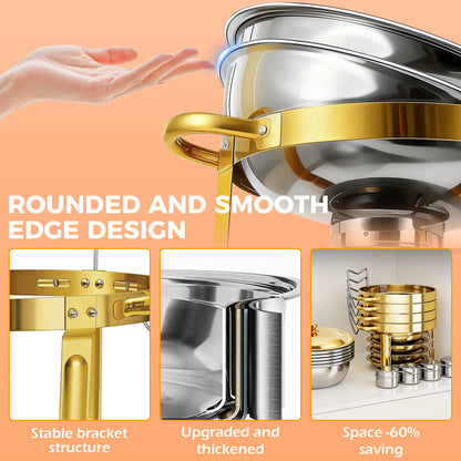 Round Half-Gold Plated Stainless Steel Chafing Dish with Stainless Steel Lid, Buffet Warmer Set, 4-Pack, for Home Gatherings, Christmas Parties, Catering Events