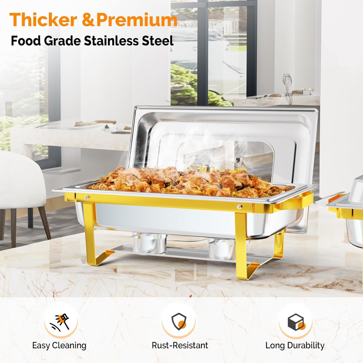 IAMSTECH Chafing Dish Buffet Set 4Pack, 9QT Rectangular Stainless Steel Chafer and Buffet Warmer Sets for Hotel Catering, Parties, Weddings(Gold)