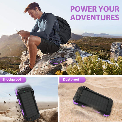 BAOKALER 30000mAh Solar Charger for Cell Phone iPhone, Portable Solar Power Bank with Dual 5V USB Ports, 2 Led Light Flashlight, Compass Battery Pack for Outdoor Camping Hiking(Purple)