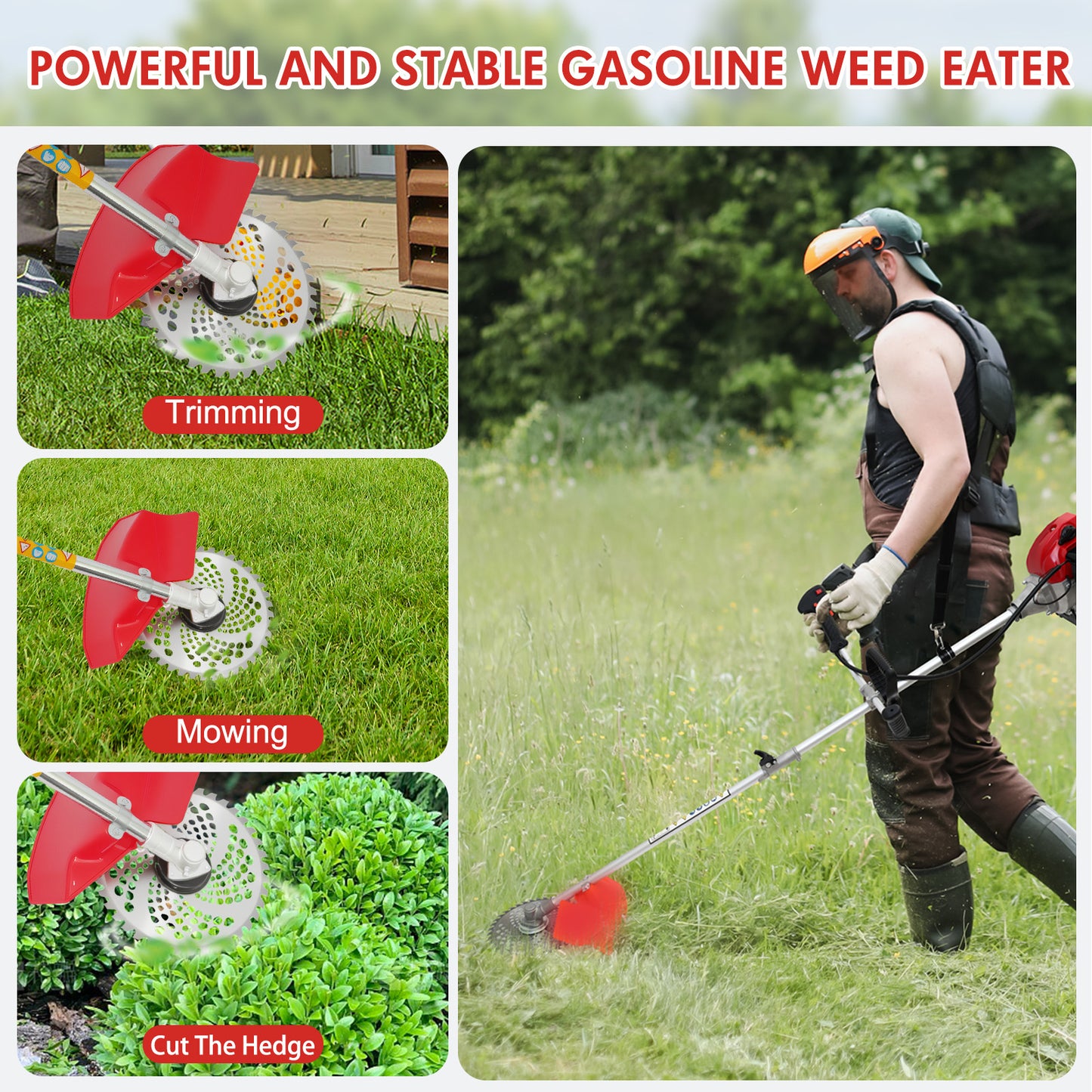 BAOKALER 52CC Gasoline Grass String Trimmer, 2-Stroke Gas Powered Weed Eater, Weed Wacker with 4 Detachable Heads