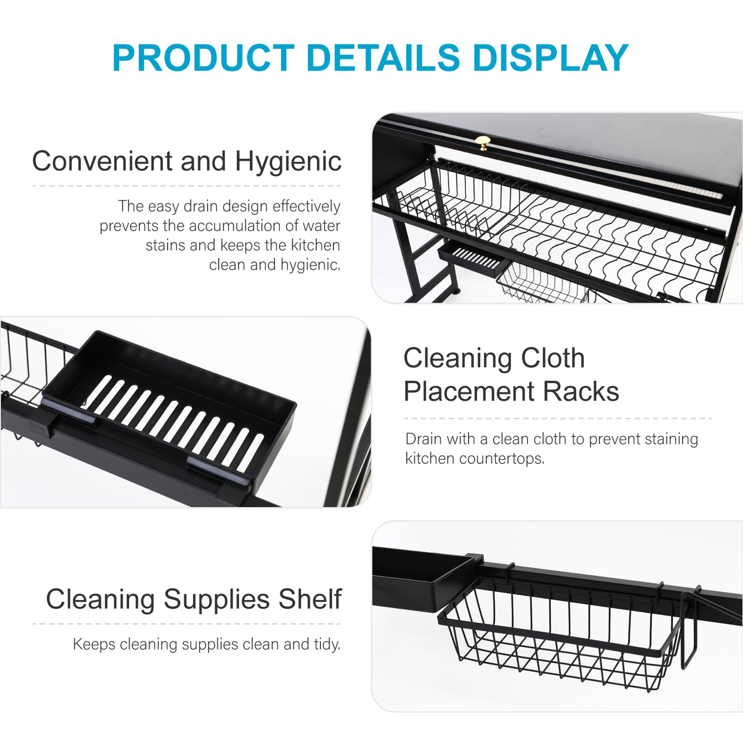Dish Drying Rack, Large Stainless Steel Over The Sink 2 Tier Dish Rack with Cover for Kitchen (Black, Large 33.5" Length)