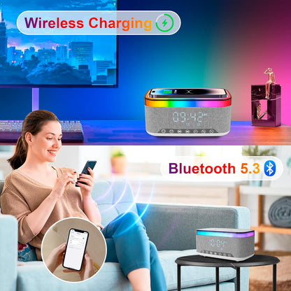 4-in-1 Wireless Charger, 15W Fast Desk Wireless Charging Station for iPhone 17-12 Pro Max Plus with Bluetooth Stereo Speaker,Digital Clock Alarm,Colors Night Lamp for iPhone