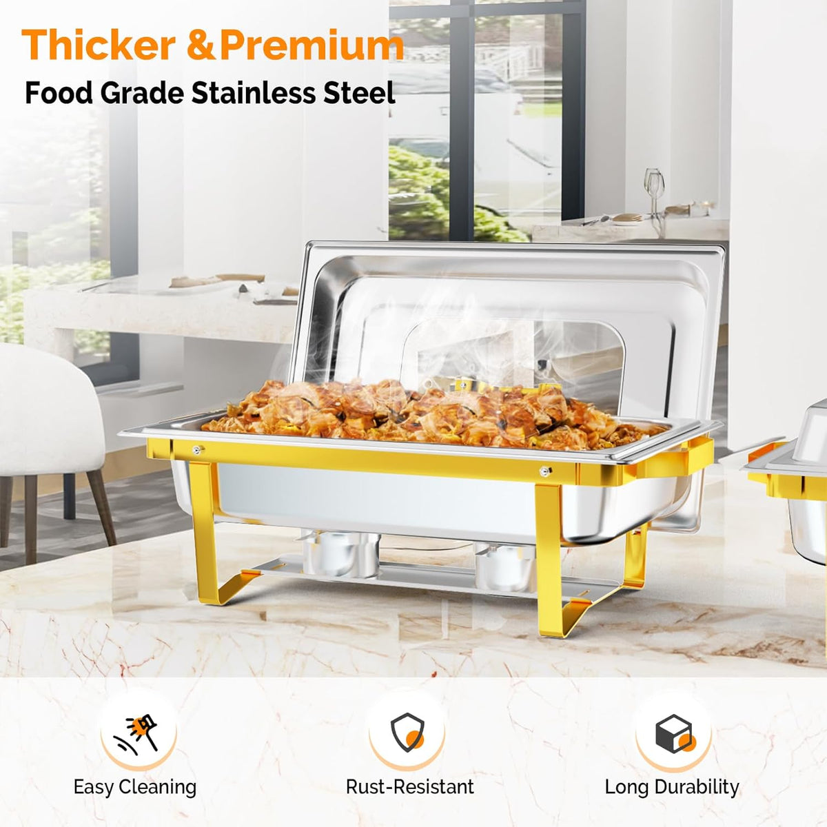 IAMSTECH Rectangular Chafing Dish Buffet Set 2Pack, 9QT Buffet Warmer Sets and Stainless Steel Chafer for Hotel Catering, Parties, Weddings(Gold)