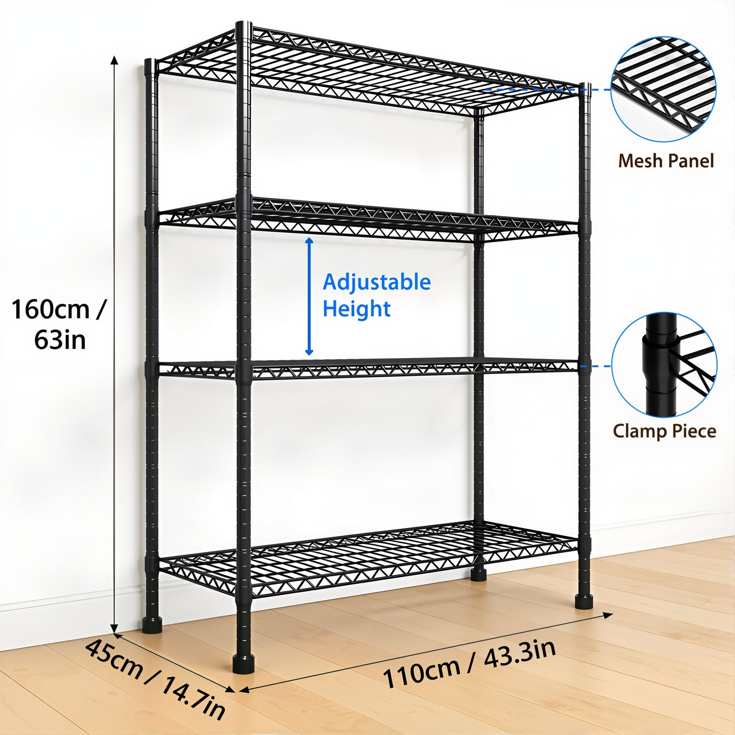 Storage Shelves, 4 Tier 43.3"×17.7"×63" Metal Shelves for Kitchen, Adjustable Heavy Duty Steel Wire Rack Storage Shelving Organizer, Black